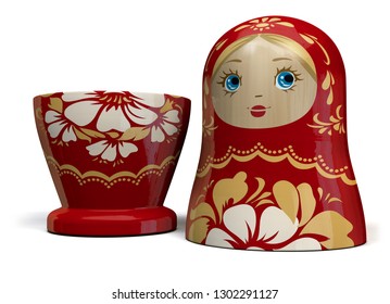 Open Matryoshka Red Russian Nesting Doll. Traditional Russian Culture Wooden Doll Design. 3D Illustration.