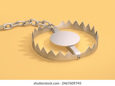 Open metal bear trap with metal chain on yellow background. 3D rendering