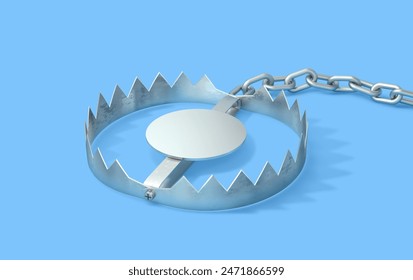 Open metal bear trap with chain isolated on blue background. 3D rendering with clipping path