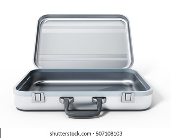 Open metal briefcase isolated on white background. 3D illustration.