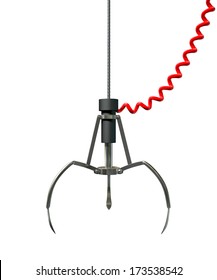 An open metal robotic claw from an arcade type game connected to a red coiled power cord on an isolated white background