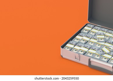 Open metal suitcase with stack of dollars. Transportation of cash. Money cashback concept. Big win, jackpot. Financial savings, investments, fines. Payment of taxes. Business profitability. 3d render