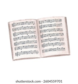 Open music notebook with staff and notes watercolor illustration isolated background. Music paper of book with note stave grid. Lined page template for composers, educators, and songwriters.