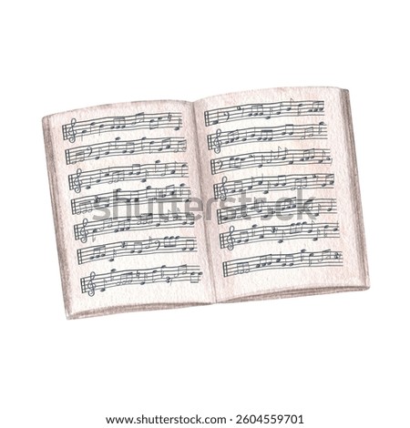 Open music notebook with staff and notes watercolor illustration isolated background. Music paper of book with note stave grid. Lined page template for composers, educators, and songwriters.