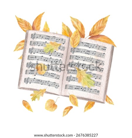Open music notebook with staff and notes on yellow orange ash leaves watercolor illustration on isolated background. Music paper of book with note stave grid and autumn golden walnut branch.