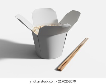 Open Noodle Round Box With Chopsticks Mockup. Isolated Package. 3d Rendering