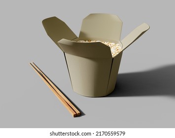 Open Noodle Round Kraft Box With Chopsticks Mockup. Isolated Package. 3d Rendering