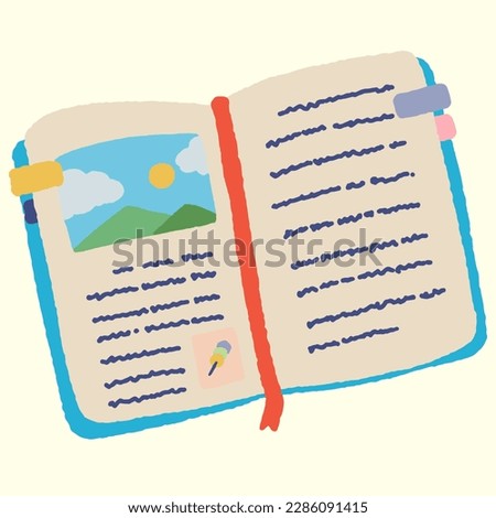 Open notebook Journal entry vector illustration. Diary, Notebook, personal plans, goals. Diary with stick notes, bookmarks, envelope, pencil, pen. Set of three isolated Hand drawn.