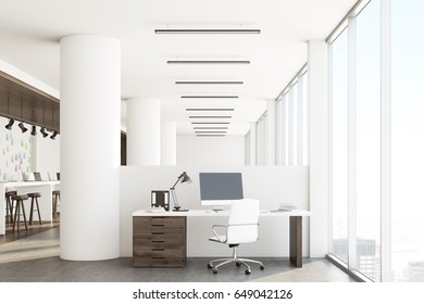 Open office interior with a bar table, laptops standing on it, dark wooden floor, computer on a desk and a wall with sticky notes. 3d rendering, mock up