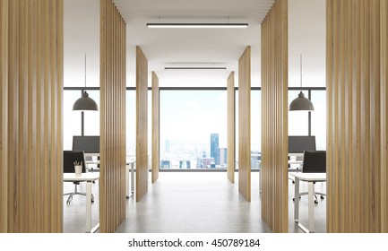 Open Office Interior With Wooden Partitions, Concrete Floor, Ceiling With Lamps And New York City View. 3D Rendering