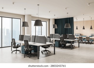 Open office interior with workstations and pendant lamps in contemporary style on a cityview background, concept of modern workspace, 3D Rendering