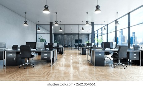 Open office with a view from a large window interior. 3d illustration