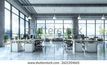 Open office with a view from a large window interior. 3d illustration