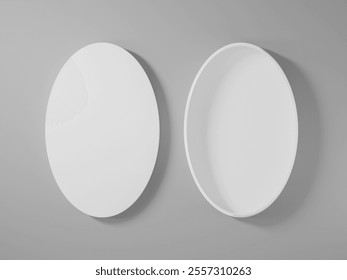 Open oval shape box mockup, top view open lid empty round box, egg-shape rigid paper box, elliptical jewelry storage, ellipse cardboard container, ovoid packaging on clean background, ovate gift box