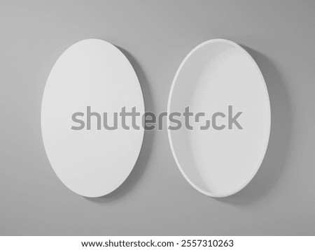 Open oval shape box mockup, top view open lid empty round box, egg-shape rigid paper box, elliptical jewelry storage, ellipse cardboard container, ovoid packaging on clean background, ovate gift box