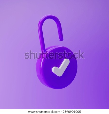 Open padlock icon with check mark isolated over purple background. 3d rendering.