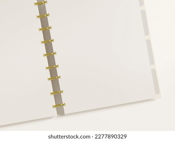 Open page of discbound planner mockup on desk as a top view flatlay. 3d rendering.
