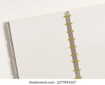 Open page of discbound planner mockup on desk as a top view flatlay. 3d rendering.