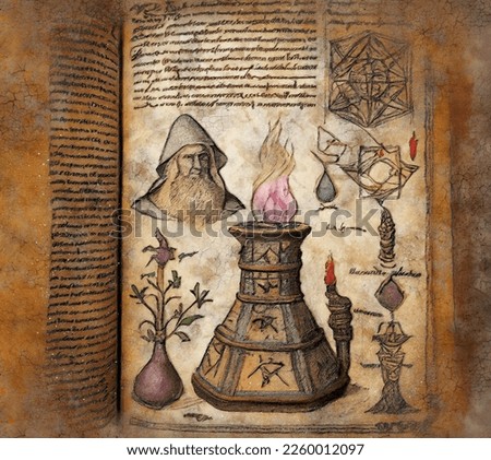 An open page with magic drawing and text in wizard book, digital illustration in vintage style