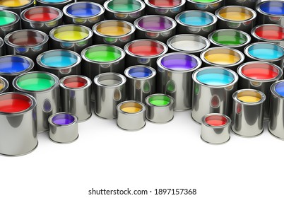 Open paint cans placed close to each other. Сolor palette concept. 3d illustration isolated on white background.