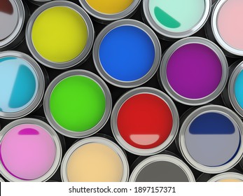 Open paint cans placed close to each other. Сolor palette concept. 3d illustration isolated on white background.
