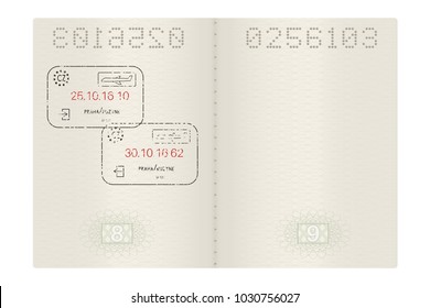 Open passport with Prague, Czech Republic stamps. 3d illustration isolated on white background. Raster version