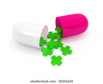 open pill capsule with first aid symbols. Isolation on white background