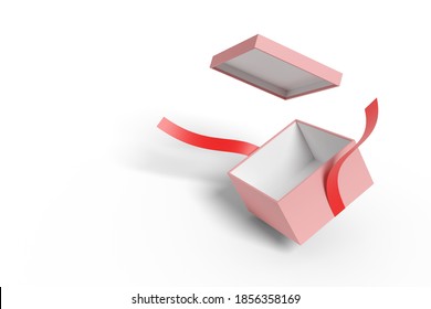 Open Pink Gift Box With Red Bow Isolated On A White Background. 3d Illustration.