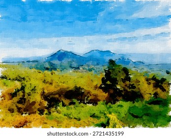 Open plain with distant blue mountains under light sky; painterly landscape suitable for illustration or background.