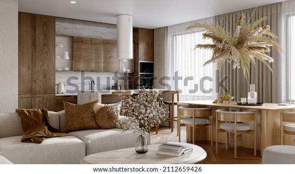 Open plan living room interior with modern wood\
kitchen, 3d render\
\

