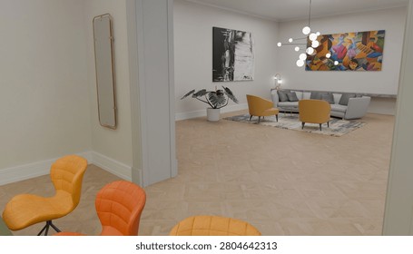 Open plan residential interior connecting dining and living spaces with contemporary furnishings colorful artwork and comfortable seating creating elegant home environment for modern lifestyle and decor concepts