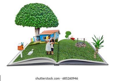 Open Pop Up Book Family Man And  Home In The Garden 3d Style, Home Sweet Home Concept