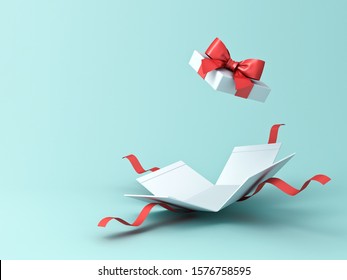 Open present box or gift box with red ribbons and bow isolated on green blue pastel color background with shadow 3D rendering - Powered by Shutterstock