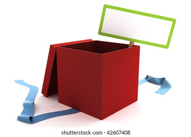 Open red gift box with a blank sign