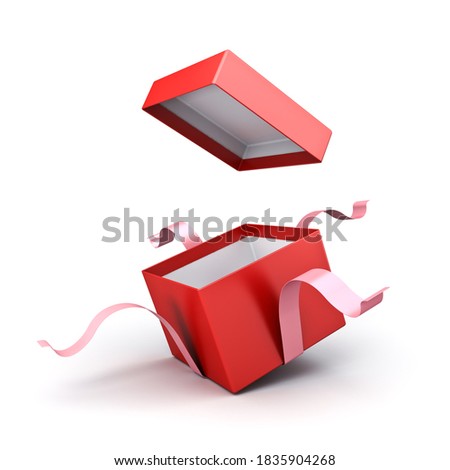 Open red gift box or present box with sweet pink ribbons isolated on white background with shadow 3D rendering