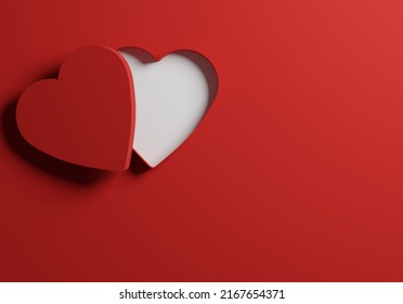 Open Red Heart Shaped Gift Box Or Package On A Red Background, Mock Up Or Template, 3d Rendering