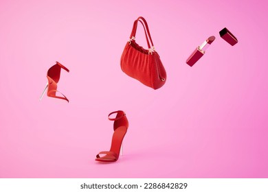 open red lipstick, red handbag and red heeled shoes on a pastel background. 3D render. - Powered by Shutterstock