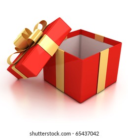 Open Red Present Box With Golden Ribbon Isolated Over White Background.