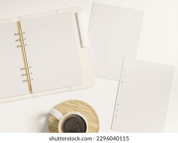 Open ring bound A5 leather planner mockup on desk and blank planner inserts with coffee cup to customise. Top view flatlay as a realistic 3d rendering.