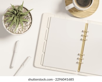 Open ring bound A5 leather planner mockup on desk with stationery, coffee cup and plant pot to customise as a top view flatlay as a 3d rendering. - Powered by Shutterstock