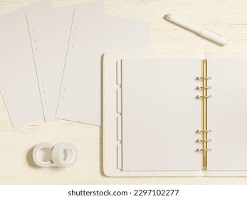 Open ring bound A5 leather planner mockup on desk and blank planner inserts. White stationery, washi tape. Top view flatlay as a realistic 3d rendering.