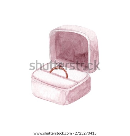 Open ring box with engagement ring inside, hand-painted in soft blush tones and isolated on white background, ideal for wedding stationery, luxury branding, proposals, romantic invitations, and