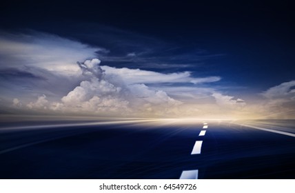 Open Road Toward Sunrise Or Sunset. Computer Generated Illustration For Background Wallpaper