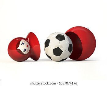 Open Russian Babushka Doll With Football Ball. 3d Rendering Isolated On White Background.
