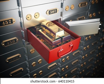 Open Safe Deposit Box With  Golden Ingots. Financial Banking Investment Concept. 3d Illustration