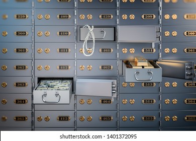 Open Safe Deposit Box With Money, Jewels And Golden Ingots. Financial Banking Investment Concept. 3d Illustration