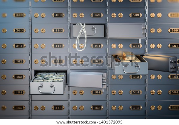 Open safe\
deposit box with money, jewels and golden ingots. Financial banking\
investment concept. 3d\
illustration