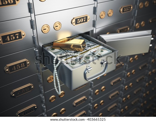 Open safe deposit box with money, jewels and\
golden ingot. 3d\
illustration