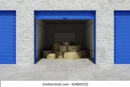 Open self storage unit full of cardboard boxes. 3d rendering