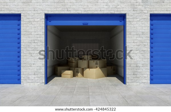 Open self storage unit full of cardboard boxes.\
3d rendering